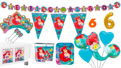 Kit Decoración Fiesta Sirenita Ariel 12 Personas + Bouquet