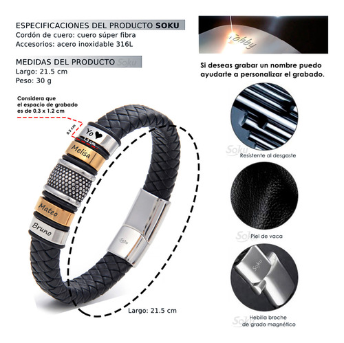 Soku Pulsera Personalizada Micro Piel Inoxidable Titanio Color Negro Largo 21 cm