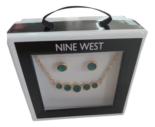 Collar Con Aretes Nine West Con Piedritas Verde Esmeralda