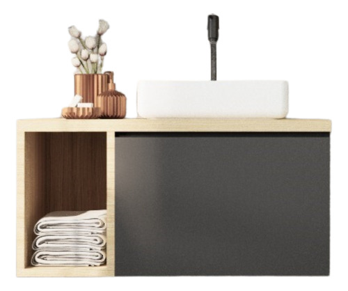 Mueble Vanitory Baño Colgante Melamina Mdf 18mm Moderno Estructura Roble Americano - Puerta Grafito Sin Bacha Sin Agujeros