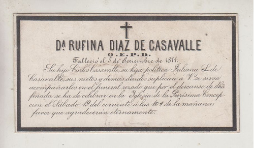 1874 Uruguay Tarjeta Funeraria Invitacion A Misa Catolica 
