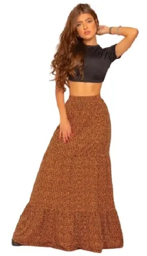 Saia Longa Babado Camadas Animal Print