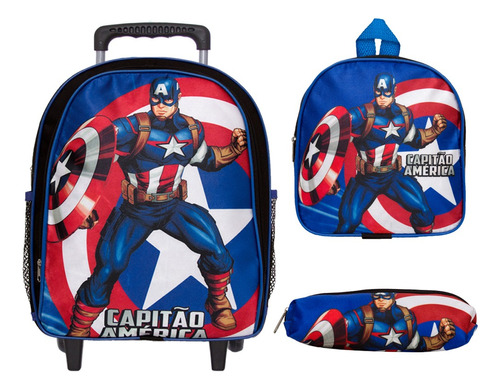 Mochila Infantil Escolar Masculina Capitão América Rodinhas Cor Azul