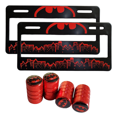 Set 2 Portaplacas Auto Batman Rojo + 4 Tapones Aire Rojo