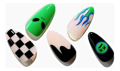 Press On Nails Medium Almond, Black And Green Glue On N...