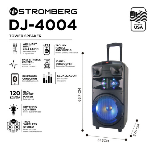 Imagen 6 de 9 de Parlante Torre Potenciada Stromberg Dj 4004 Bluetooth 120w