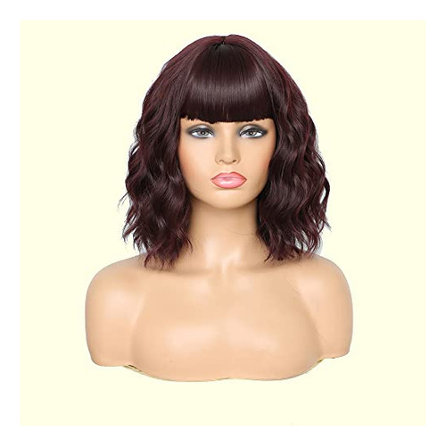 Short Wavy 99j Red Wig Con Bangs Short Curly Bob Wigs 9wywq