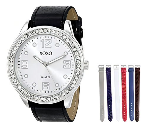 Xoxo Women's Xo9068 Reloj Análogo Con Carátula De Cuarzo Co Color De La Correa Negro Color Del Bisel Plateado Color Del Fondo Blanco