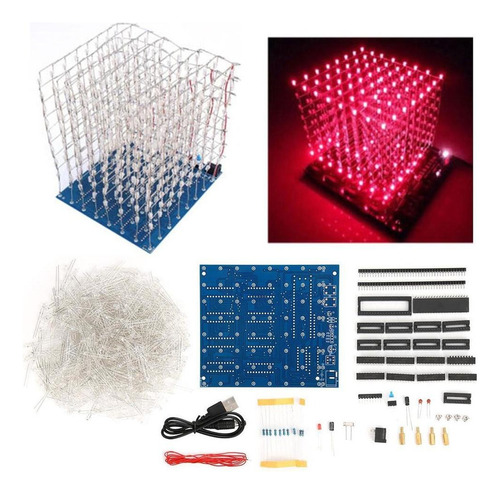 Kit De Luz Led 3d Cuadrado 8 X 8 X 8 Cubo Azul Rojo Diy Mano