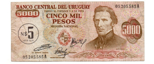 Uruguay Billete 5000 Pesos Resellado A 5 Nuevos Pesos P#57