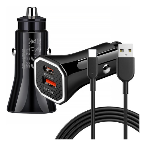 Carregador Veicular Carro Turbo 2 Usb Qc 3.0 + Cabo Tipo C Cor Preto