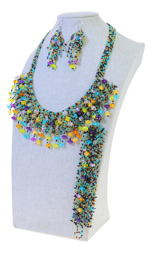 Set Collar Cristal Multicolor + Aretes Y Pulsera