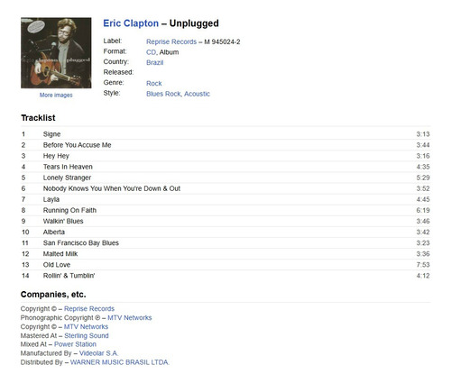Cd Eric Clapton - Mtv Unplugged (acrílico, 1998) Estandar (Usado)