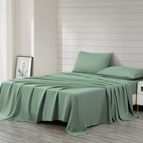 Juego De Sábanas De 4 Piezas Verde Salvia Matrimonial 110gsm