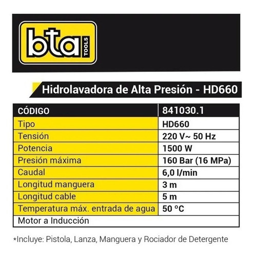 Hidrolavadora eléctrica Bta Tools HD660 de 1500W con 160bar de presión máxima 220V
