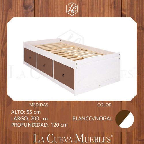 Imagen 2 de 5 de Cama Plaza Y Media C/cajones Madera Maciza Dormitorio B Lcm