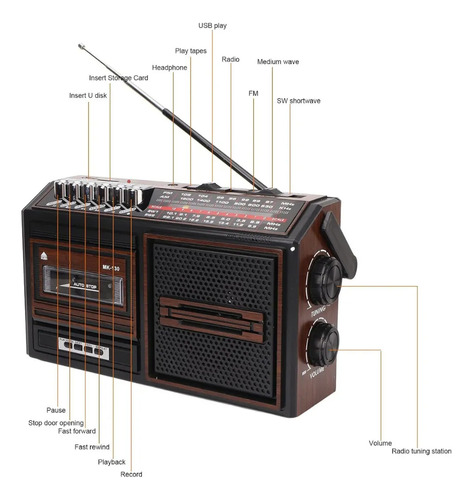 Radio Cassette Retro Pila Corriente Usb/sd/mp3 Marrón Oscuro