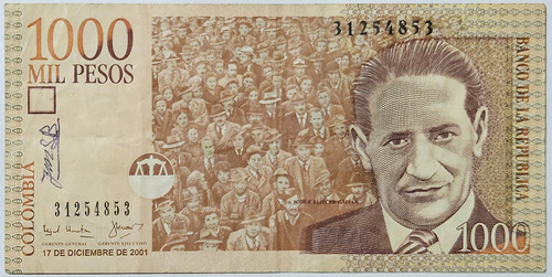 Billete 1000 Pesos 17/dic/2001 Colombia Vf-xf 