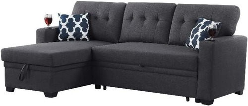 Sofa Cama Reversible Portavasos Tela Color Gris Devion F