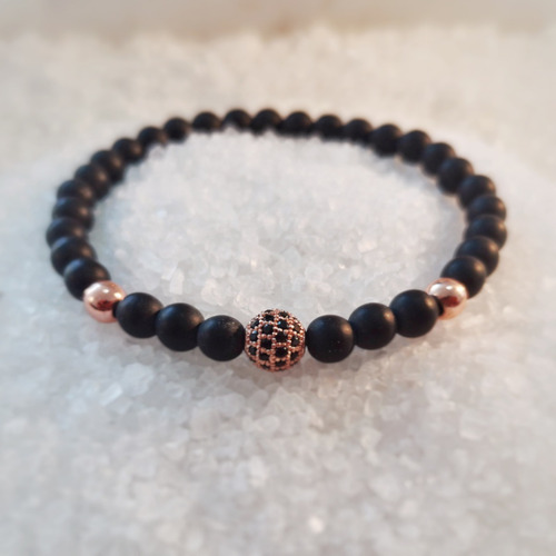 Pulsera De Piedra Esmerilada Con De Circonio Negro Y Dorado