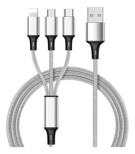 Cable De Datos Trenzado 3 En 1 Para Android E Ios Plateado
