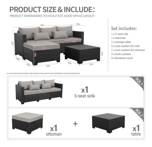 Juego De Muebles Sofa De Rattan Exterior Patio Negro 7 Pz Gris