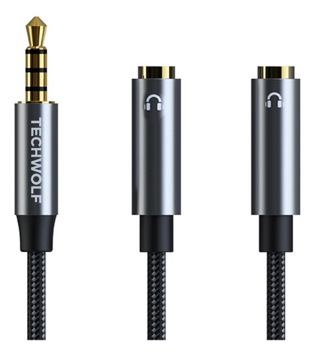 Cable Divisor De Audio De Auxiliar 3.5 Mm Macho A 2x 3.5mm Hembra Para Audífonos, Techwolf Adaptador De Audio Compatible Con Laptop, Celular, Tablet Y Pc 30cm De Longitud Color Gris