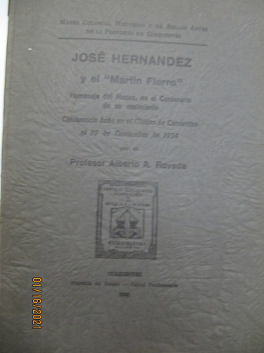 Jose Hernandez Y El Martin Fierro Conferencia  Roveda 1934