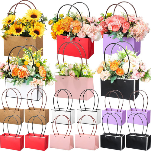 Bolsa De Regalo Rectangular De Flores De Papel Kraft, 24 Pzs