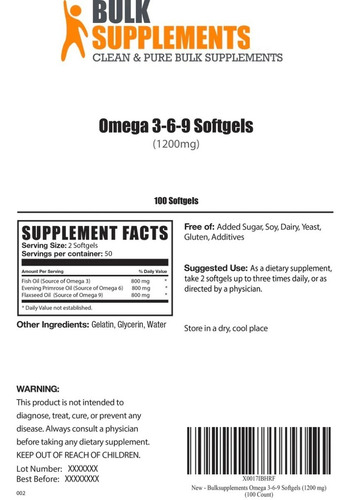 Bulk Supplements | Omega 3-6-9 | 1200mg | 100 Softgels