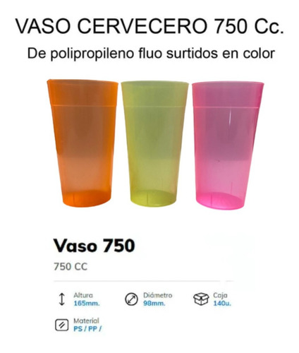 Imagen 3 de 10 de Vaso Cervecero Gigante 750 Cc X 10 Fluo Surtido Cerveza