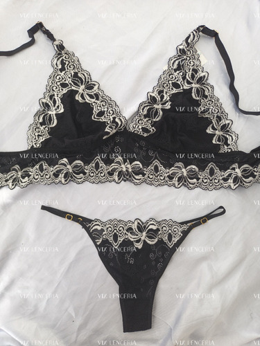 Conjunto Corpiño Bralette Y Tanga Encaje Sin Aro T90 Al 105