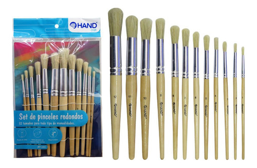 Set 12 Pinceles Redondo Madera Hand #p-5415