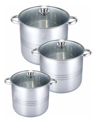 Juego De Ollas 6pcs Acero Inox Fondo 7 Capas Tapa Vidrio