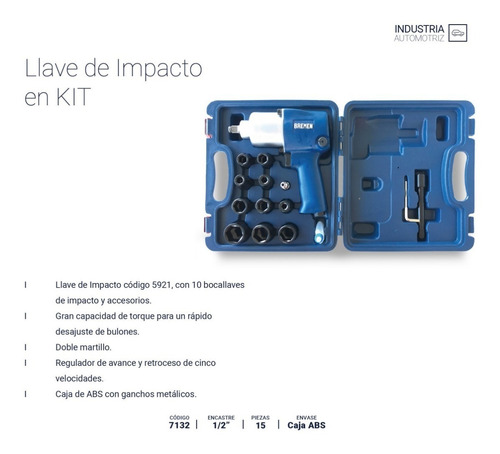 Imagen 2 de 9 de Llave Pistola Impacto Neumatica Bremen 1/2 760nm Kit Industrial Doble Martillo Cod. 7132 Dgm