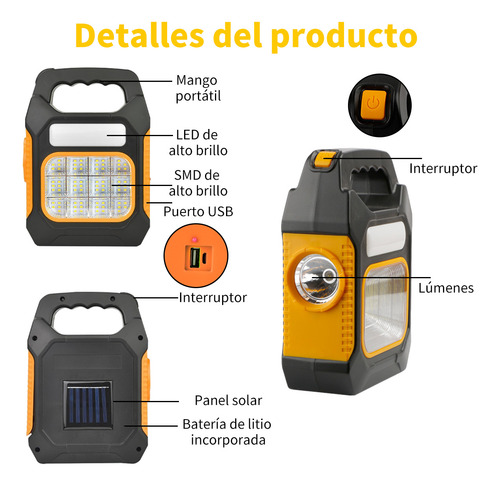 Lámpara Linterna Recargable Portátil Camping Solar Led Amarillo