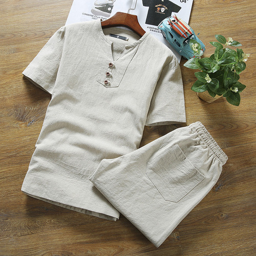 Conjunto De Polera Holgada De Algodón Y Lino Para Hombre