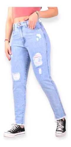 Pantalón De Jeans Mom Fit Rígido Tiro Alto Con Y Sin Rotura