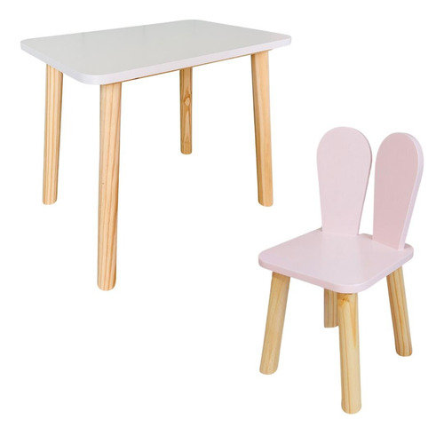 Mesa Infantil Retangular 60x40 Com 1 Cadeira Orelha Coelho