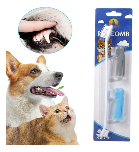 Escova Dente Dupla Para Caes E Gatos Pet + 2 Dedeiras Macias