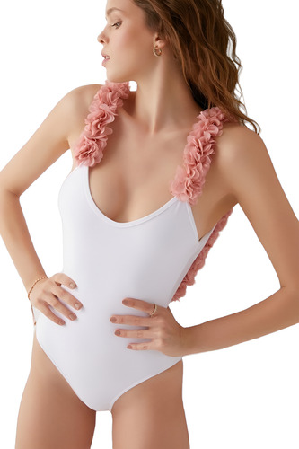 Traje De Baño Sexi Completo Con Flores De Tul En Los Tirante