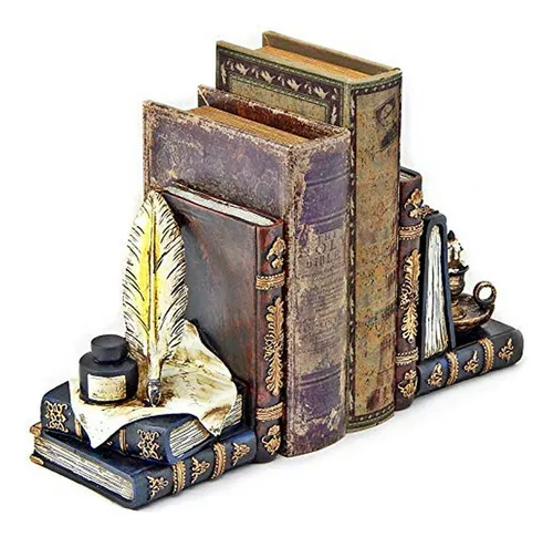 Bookends Vintage Wizard Feather Quill Pen & Ink Bottle Decor