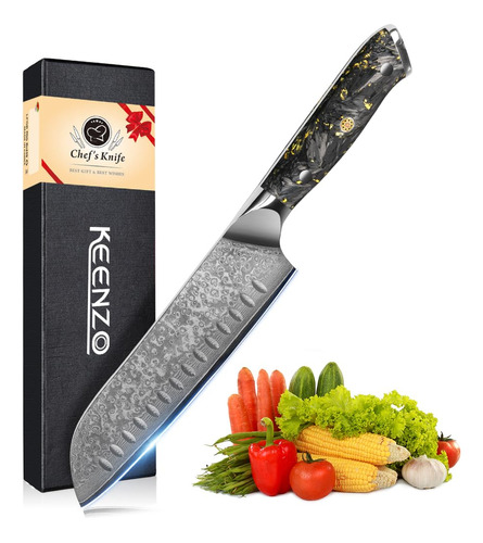 Keenzo Cuchillo Santoku De Damasco De 7 Pulgadas Cuchillo De