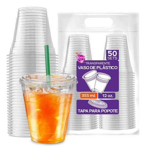 50 Vasos Desechables De Plástico Con Tapa Para Popote 12 Oz Color Transparente