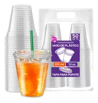 Comprar 50 Vasos Desechables De Plástico Con Tapa Para Popote 12 Oz Color Transparente