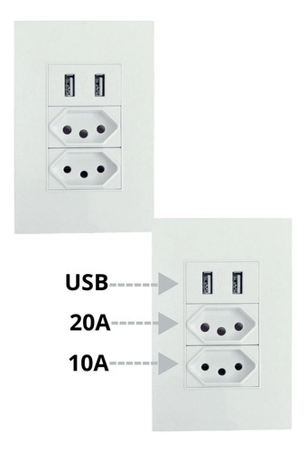 Kit C/2 Tomada 10/20 Ampêres Modular Dupla 2 Usb Carregador Branco
