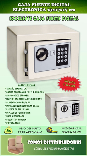Caja Fuerte Digital Electronica Y Llaves 23 X 17 X 17 Cm
