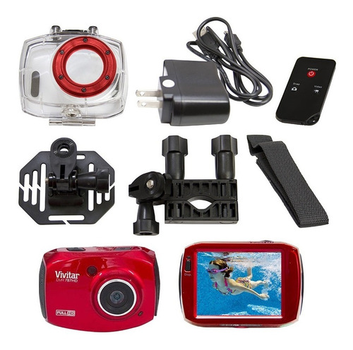 Imagem 1 de 2 de Kit Com Câmera De Ação Full Hd Vermelha Vivitar Dvr787_k2