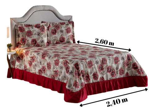 Cobre Leito Colcha Com Babado Casal Queen Charlotte Estampa Cor Vermelho