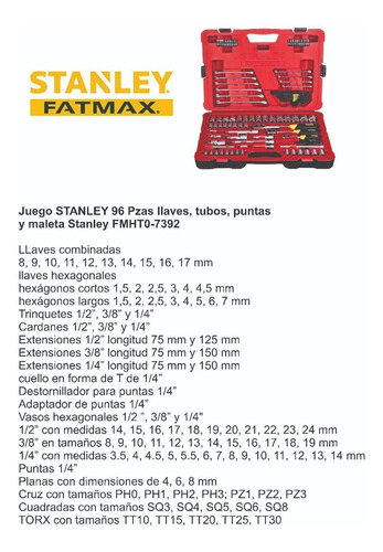 Imagen 2 de 5 de Juego Tubos Y Llaves Stanley 96 Pzas Sfmht73925
